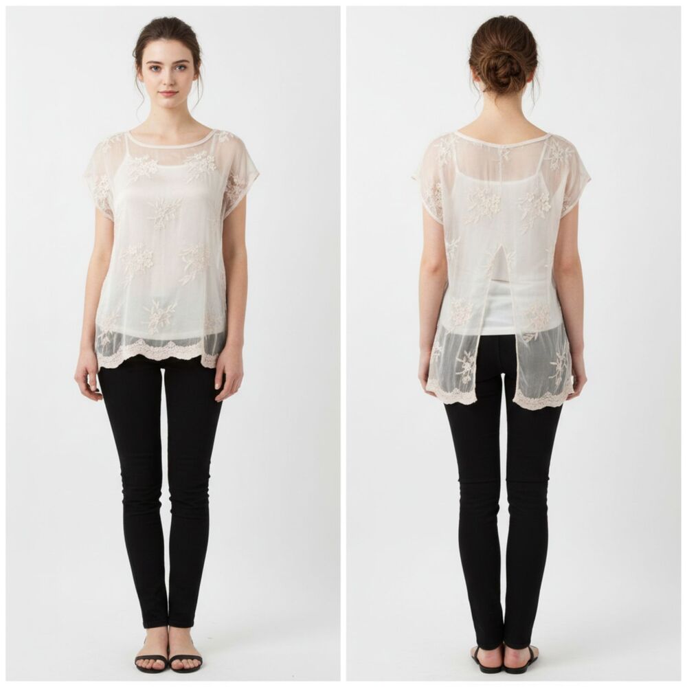 Angela Moda 100% Silk Short Sleeve Sheer Embroidered Floral Split Back Top M